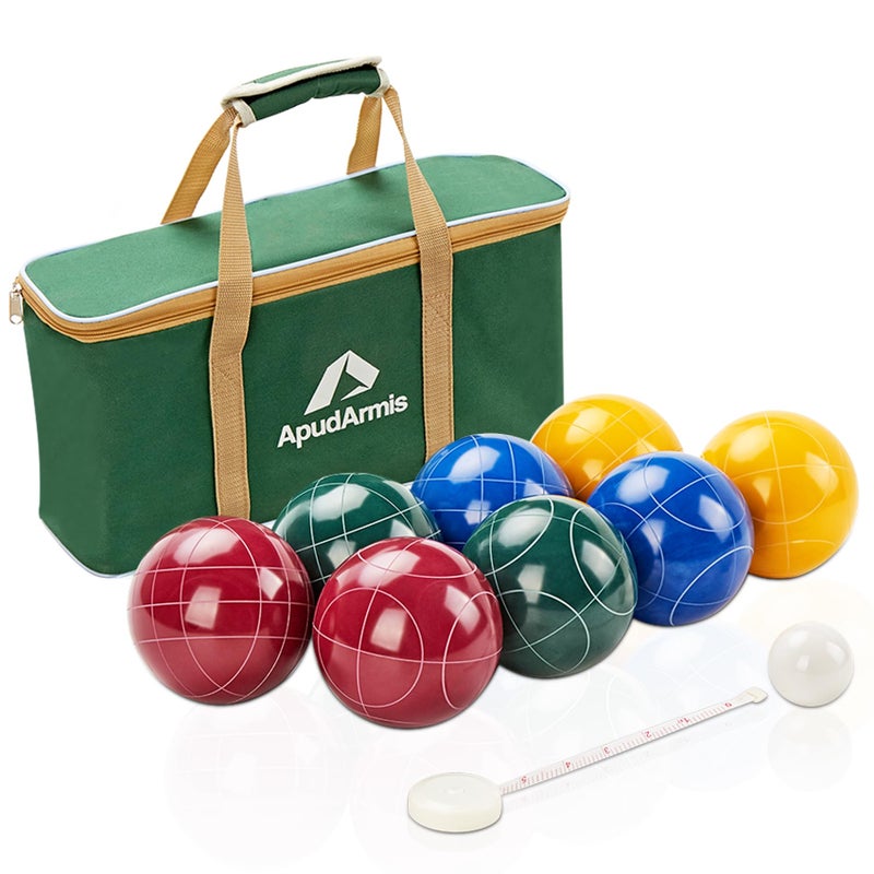 ApudArmis Bocce Balls Set, Regulation Size 100mm Bocce Game for Outdoor/Backyard/Lawn/Beach with 8 PCS 100% Poly-Resin Balls / 1 Pallino/Nylon Carrying Case/Measuring Rope (Red,Blue,Green,Yellow) - Image 1
